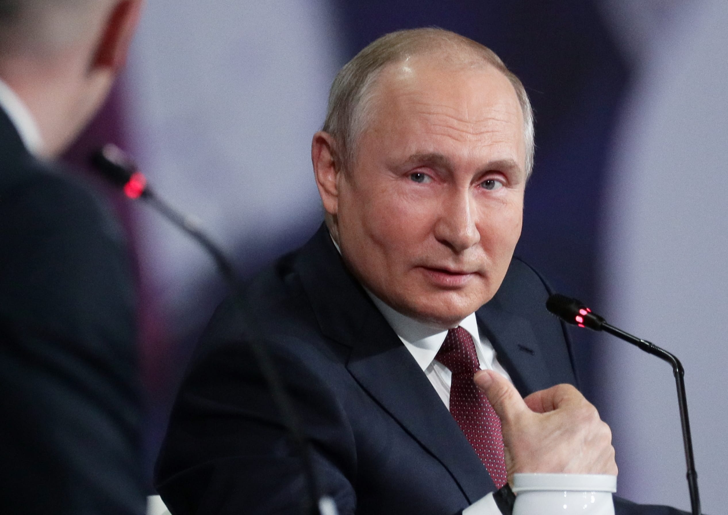 Russian President Putin attends a session of the St Petersburg International Economic Forum