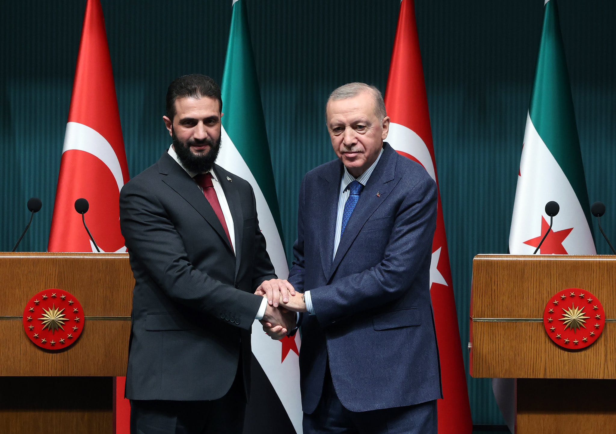 Turkish President Recep Tayyip Erdogan holds a joint press conference with Syria interim President Ahmed al Sharaa in Ankara on